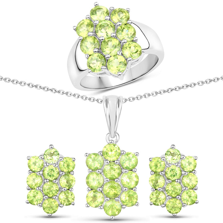 6.80 Carat Genuine Peridot .925 Sterling Silver 3 Piece Jewelry Set (Ring, Earrings, and Pendant w/ Chain)