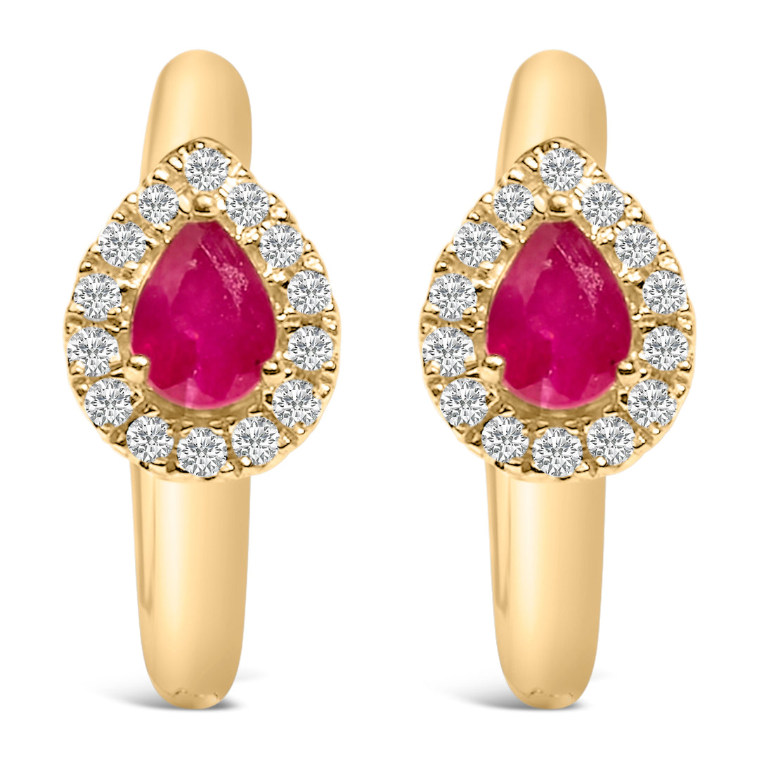 10K Yellow Gold Pear Cut Red Ruby 4x3 mm and 1/10 Cttw Round Diamond Huggy Earrings (I-J Color, I1-I2 Clarity)