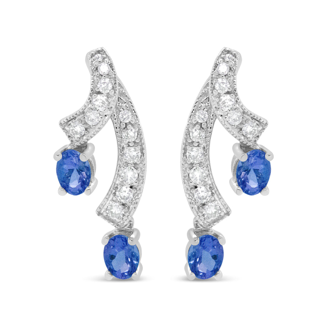 14K White Gold 4x3MM Oval Shaped Natural Blue Tanzanite Gemstone and 1/5 Cttw Diamond Double 3/4" Inch Drop Stud Earrings (H-I Color, VS1-VS2 Clarity)