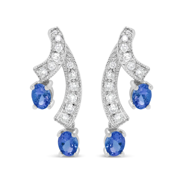 14K White Gold 4x3MM Oval Shaped Natural Blue Tanzanite Gemstone and 1/5 Cttw Diamond Double 3/4" Inch Drop Stud Earrings (H-I Color, VS1-VS2 Clarity)