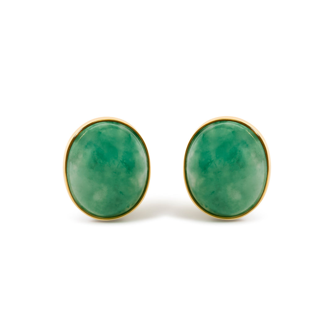 18K Yellow Gold 12x10 MM Bezel Set Oval Green Aventurine Stud Earrings