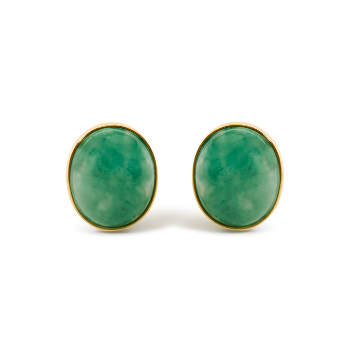 18K Yellow Gold 12x10 MM Bezel Set Oval Green Aventurine Stud Earrings