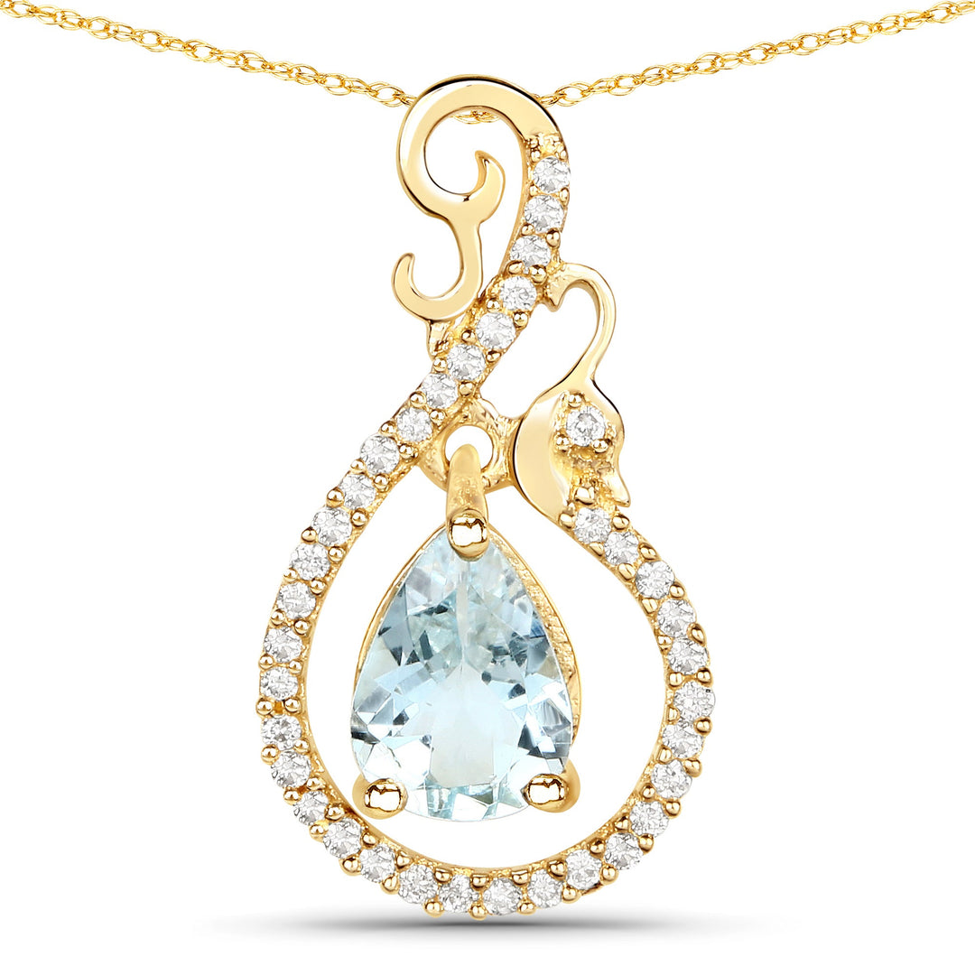 0.76 Carat Genuine Aquamarine and White Diamond 14K Yellow Gold Pendant