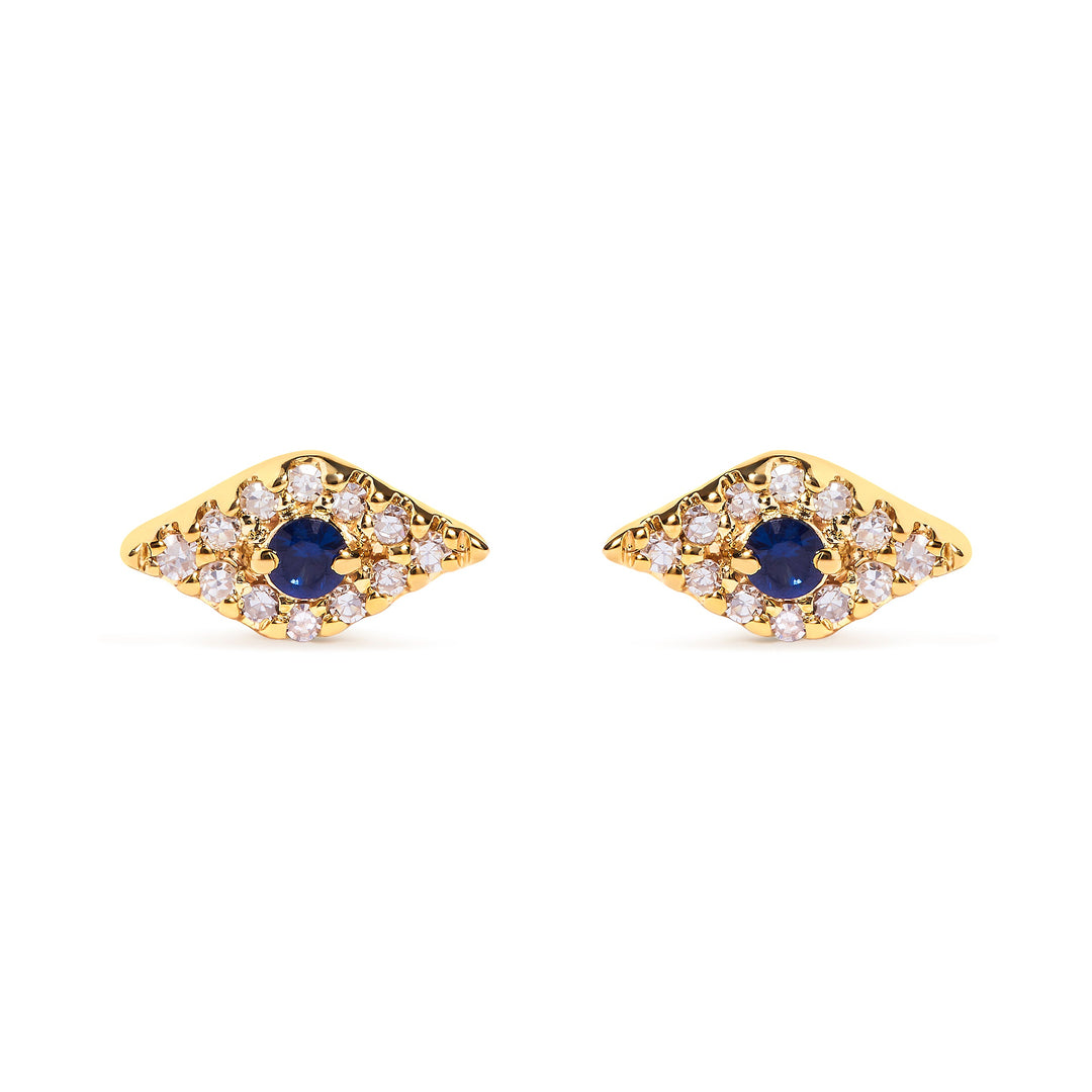 10K Yellow Gold Blue Sapphire and Diamond Accent Evil Eye Stud Earring (H-I Color, I1-I2 Clarity)