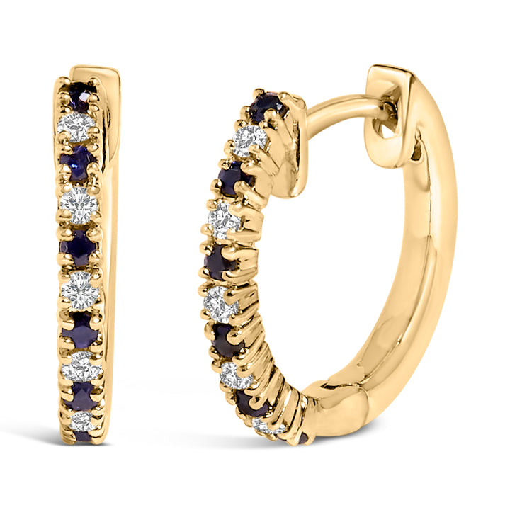 10K Yellow Gold Alternating Blue Sapphire 1/10 Cttw Diamond Huggy Hoop Earrings  (I-J Color, I1-I2 Clarity)