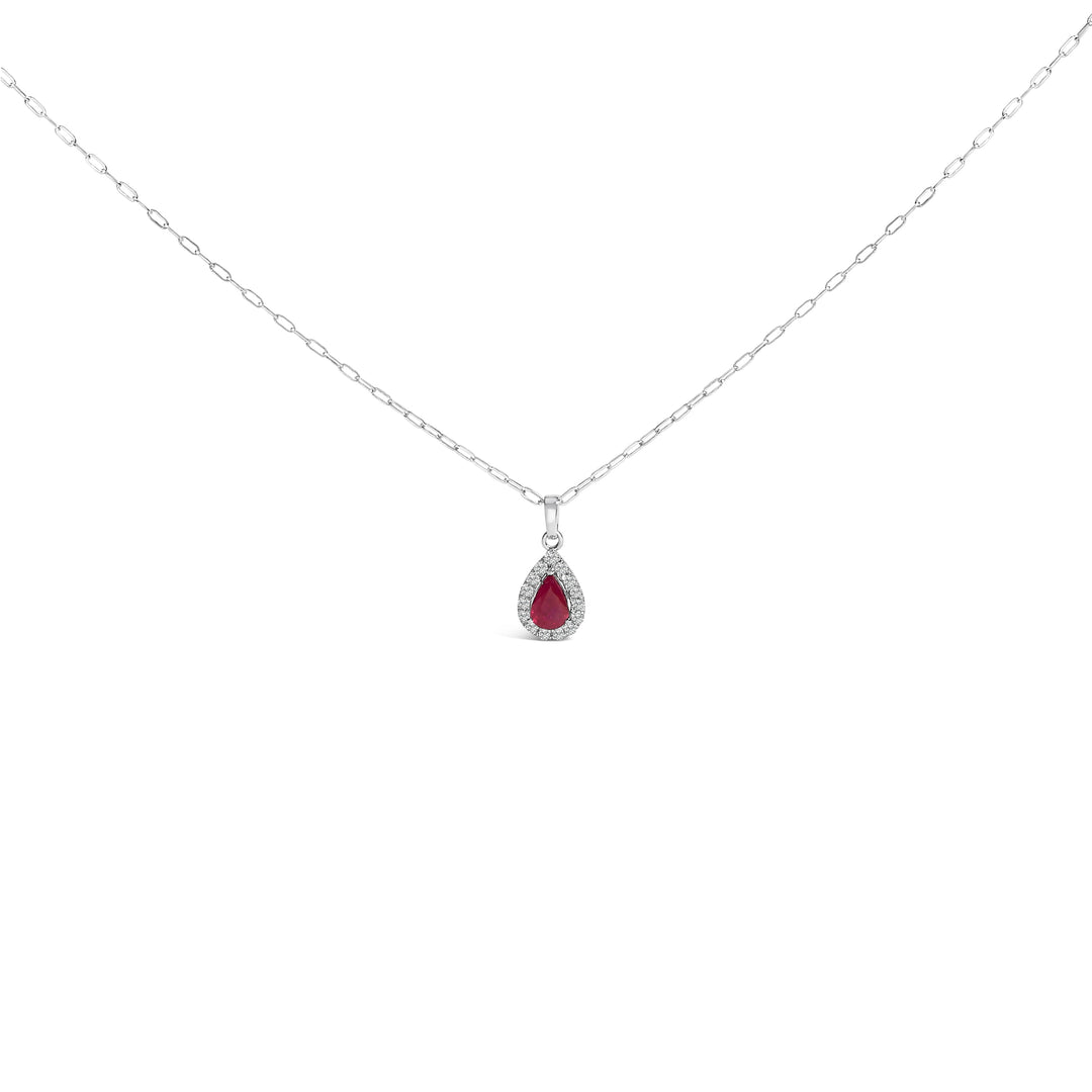 14K White Gold 6x4 Pear Red Ruby and Diamond Halo Pendant Necklace - 18" Inches