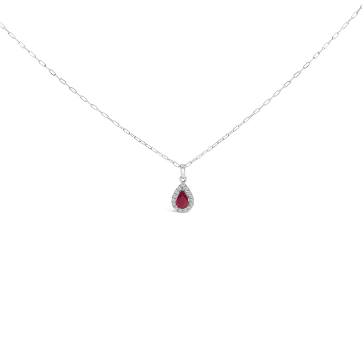 14K White Gold 6x4 Pear Red Ruby and Diamond Halo Pendant Necklace - 18" Inches
