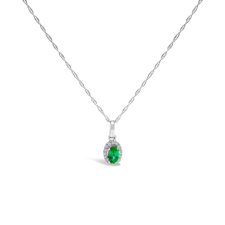 10K White Gold 5x3mm Green Emerald and Diamond Accent Halo Oval Shape 18" Pendant Necklace (I-J Color, I1-I2 Clarity)