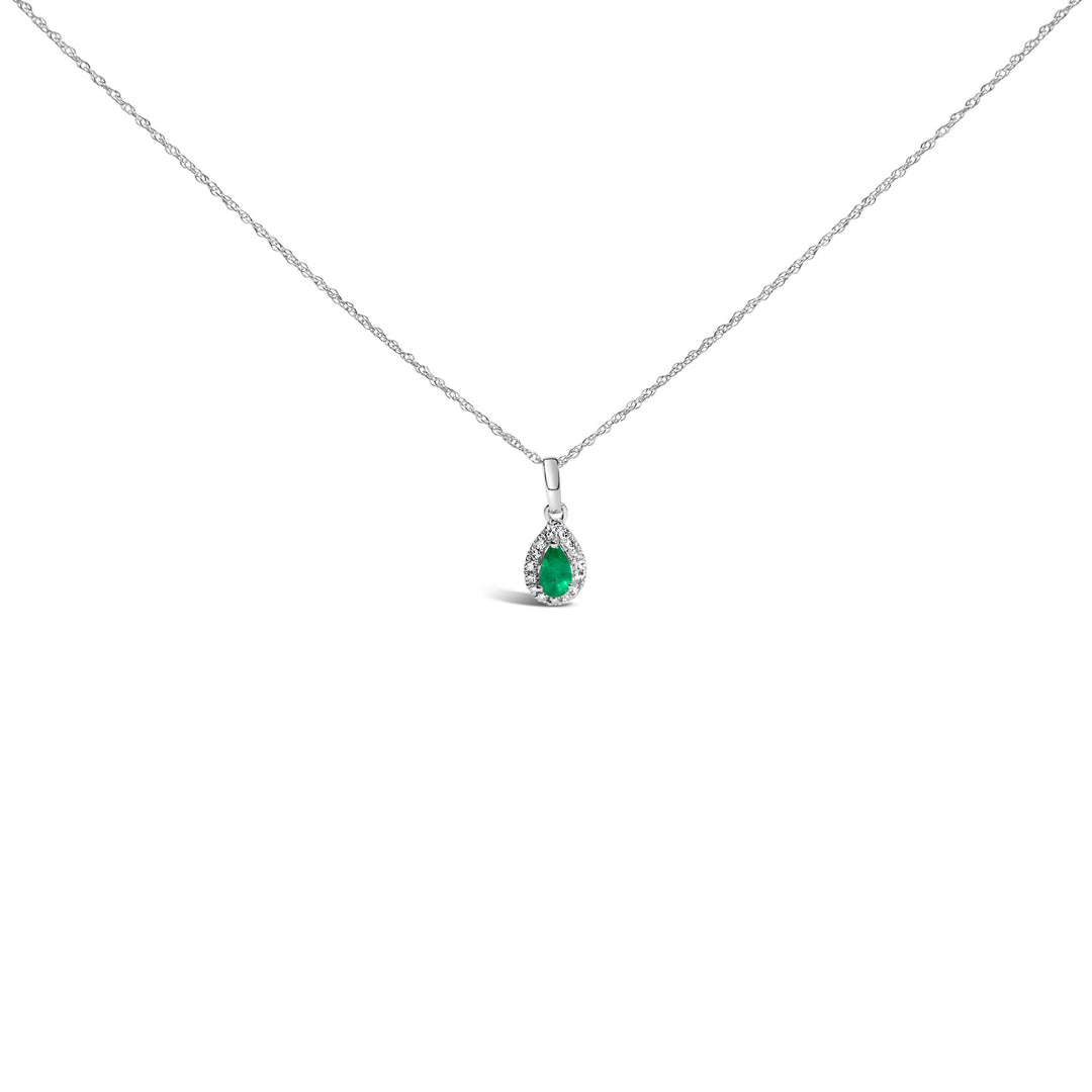 10K White Gold 5x3mm Green Emerald and Diamond Accent Halo Pear Shape 18" Pendant Necklace (I-J Color, I1-I2 Clarity)