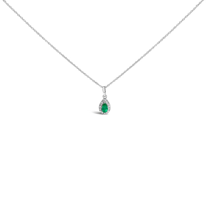 10K White Gold 5x3mm Green Emerald and Diamond Accent Halo Pear Shape 18" Pendant Necklace (I-J Color, I1-I2 Clarity)