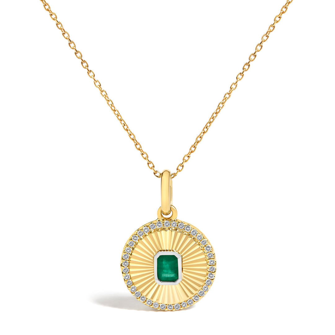 10K Yellow Gold 4x3 MM Emerald and 1/10 Cttw Diamond Circle Fluted Medallion Pendant Necklace
