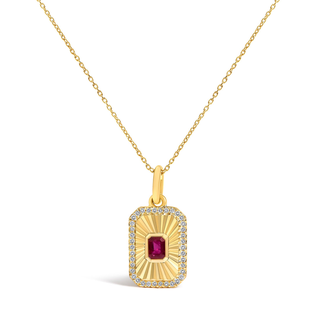 10K Yellow Gold 4x3 MM Ruby and 1/10 Cttw Diamond Rectangular Fluted Medallion Pendant Necklace