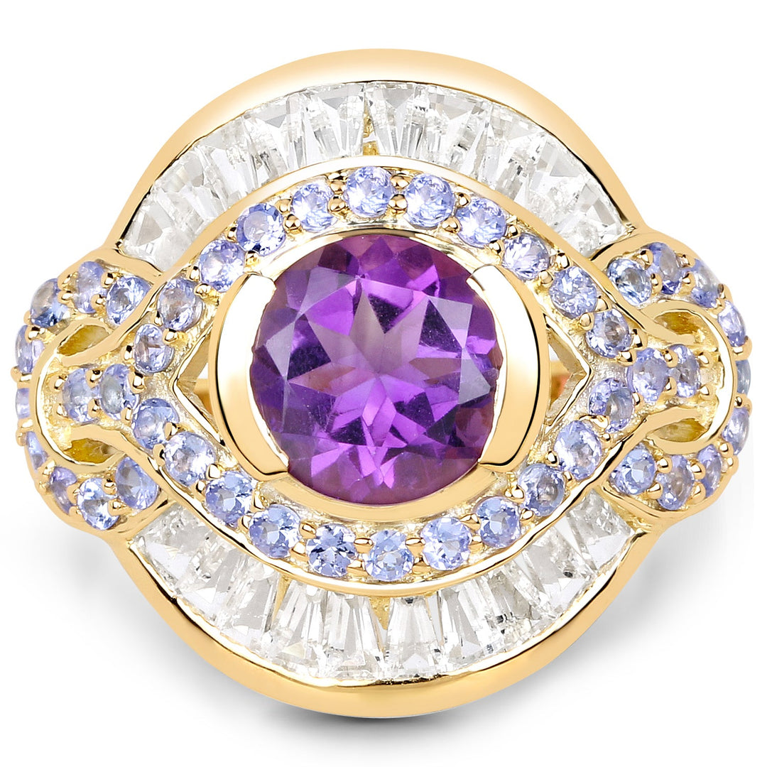 14K Yellow Gold Plated 3.93 Carat Genuine Amethyst, Tanzanite and White Topaz .925 Sterling Silver Ring