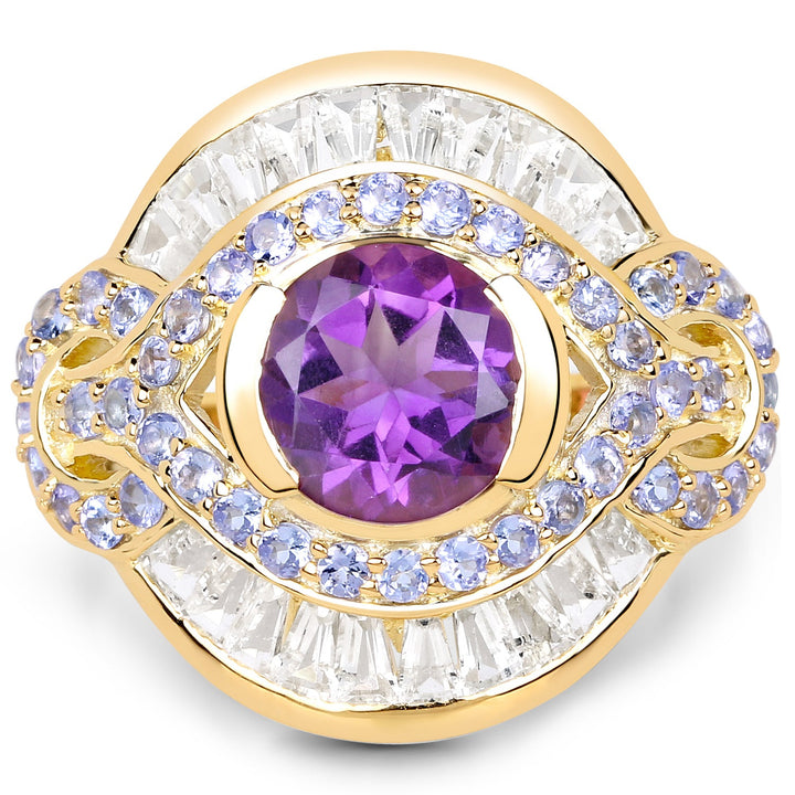 14K Yellow Gold Plated 3.93 Carat Genuine Amethyst, Tanzanite and White Topaz .925 Sterling Silver Ring