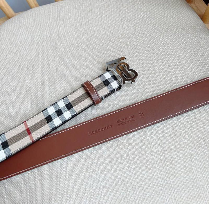 Burberry TB Belt E-Canvas &amp; Leather Vintage Check Monogram Buckle - Timeless Luxury