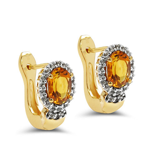 18K Yellow Gold Plated 1.99 Carat Genuine Citrine &amp; White Topaz .925 Sterling Silver Earrings