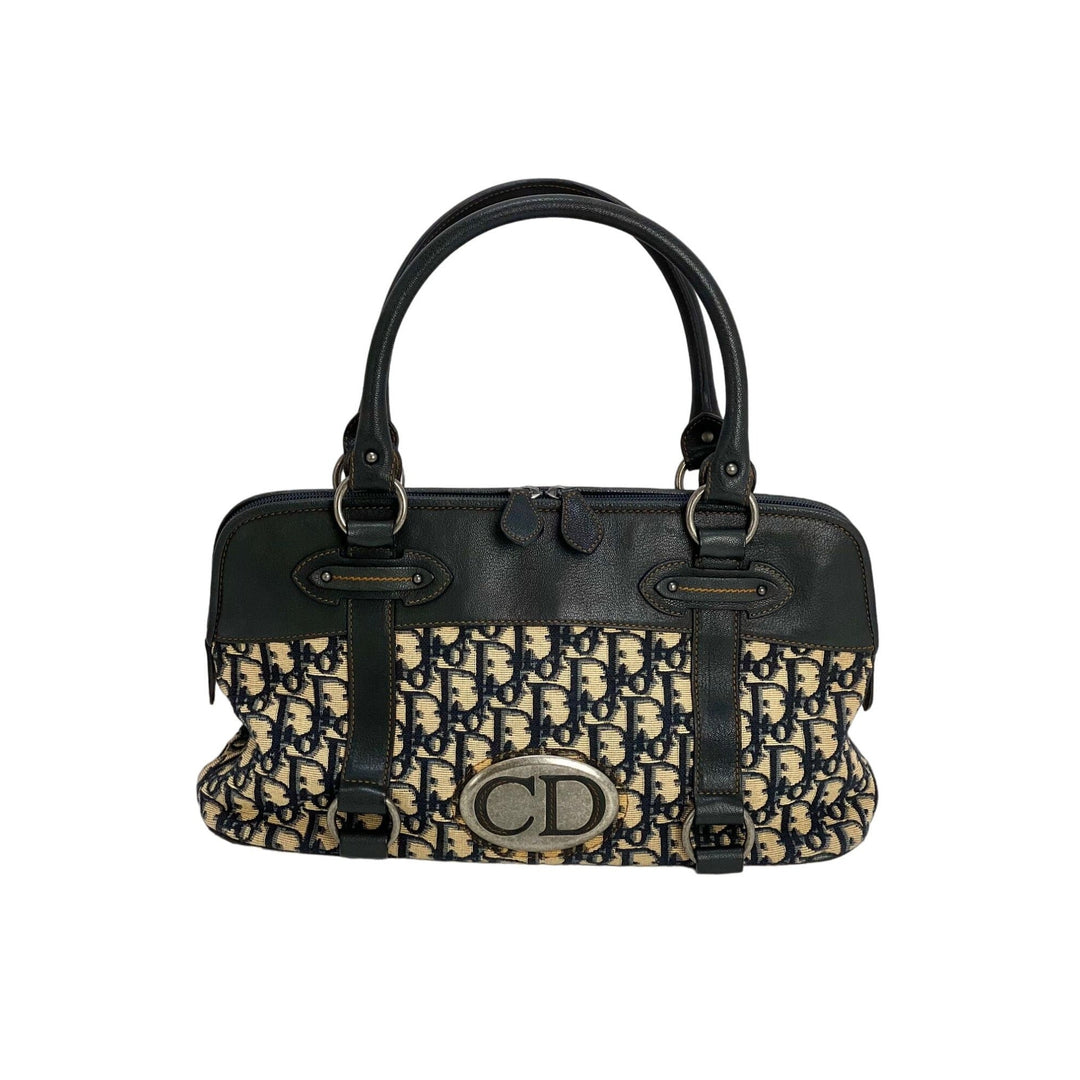 Luxury bags: CHRISTIAN DIOR Monogram Trotter CD Blue Canvas Hand Bag with double leather handles and zip closure.