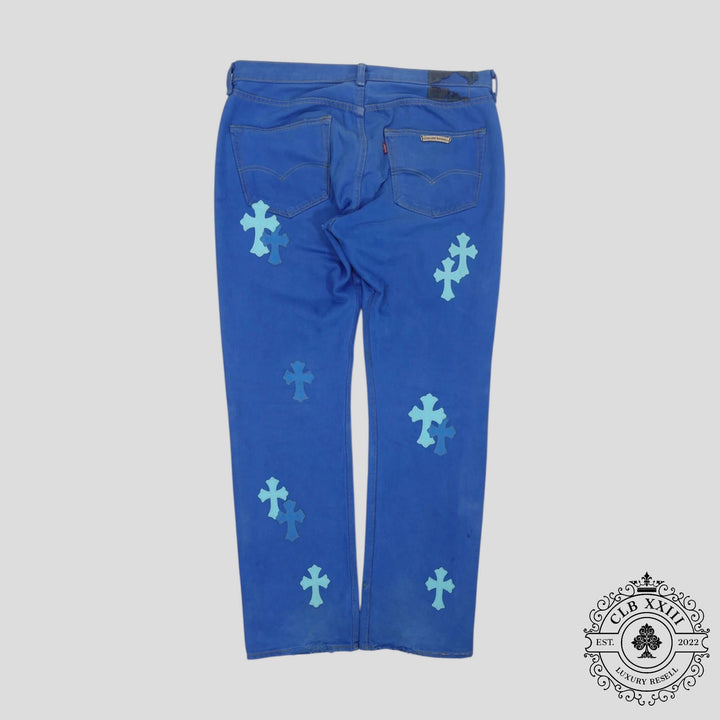 Chrome Hearts Levis Cross Patch Jeans in Blue showcasing unique cross patches on luxury denim.