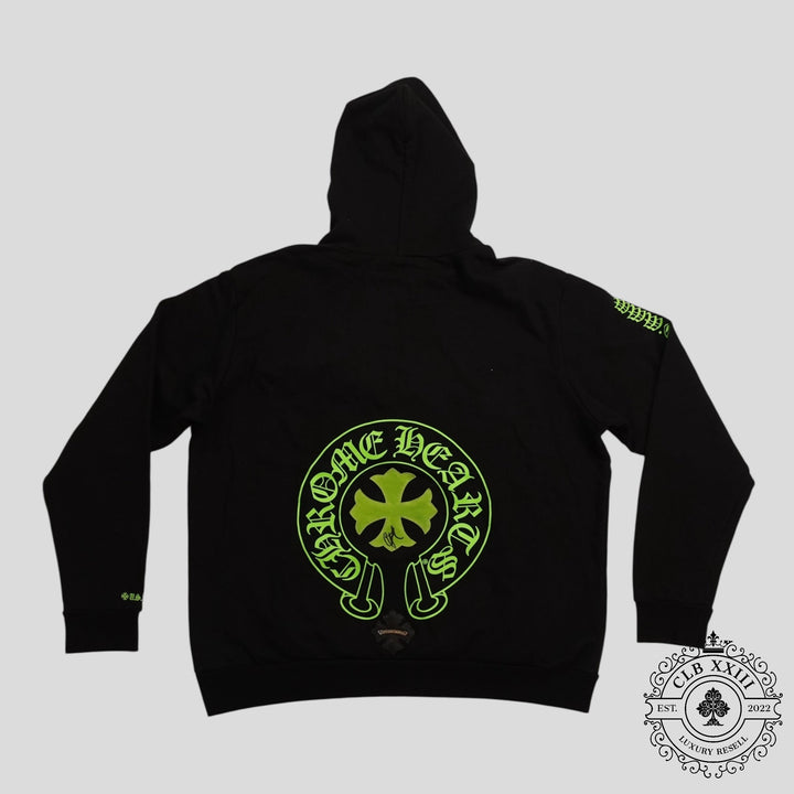 Chrome Hearts Signed Leather Cross Patch Horseshoe Logo Hoodie in Black/Green