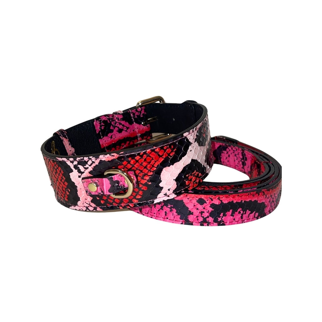 Fuchsia/Light Pink/Red &amp; Black Snake Classic Collar &amp; Leash Set