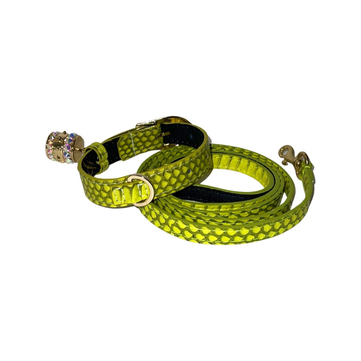 XS 7”-14” Light Neon Green Custom Snake Collar/Custom Gold Italian Hardware &amp; Leash Set. Including Swarovski Crystal Charm