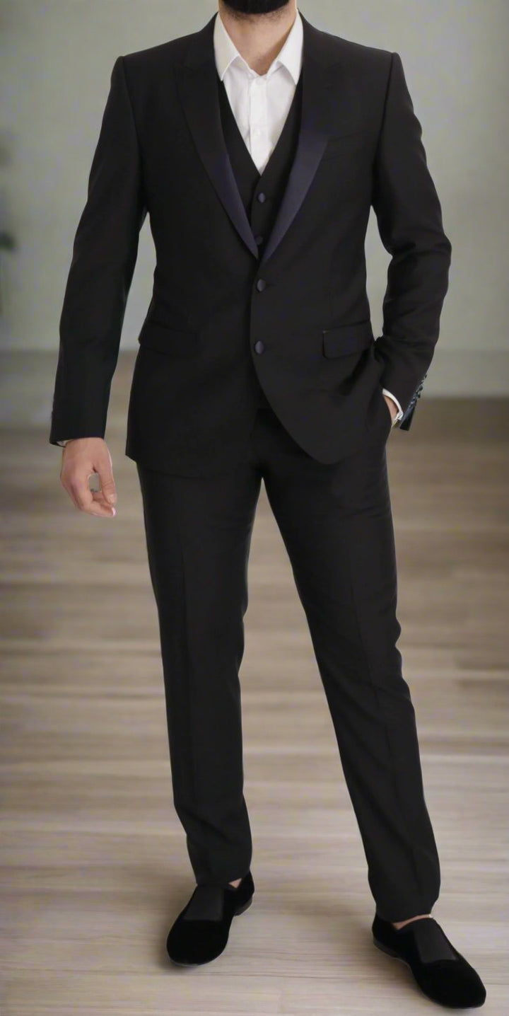 DOLCE & GABBANA Elegant Black Three-Piece Wool Blend Suit