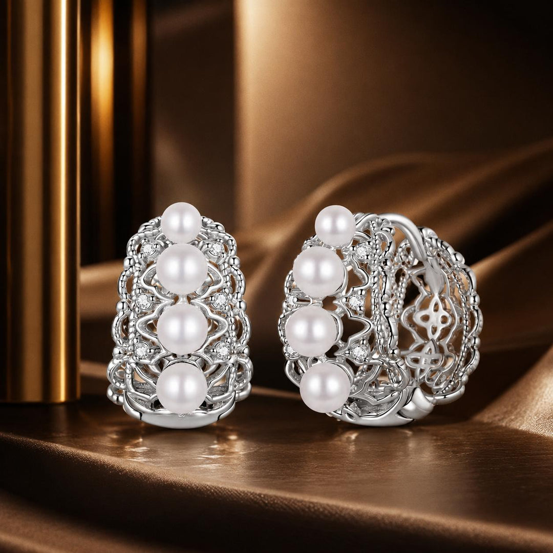 925 Sterling Silver Hoop Earrings with Synthetic Pearl and CZ, 1.1cm for Women