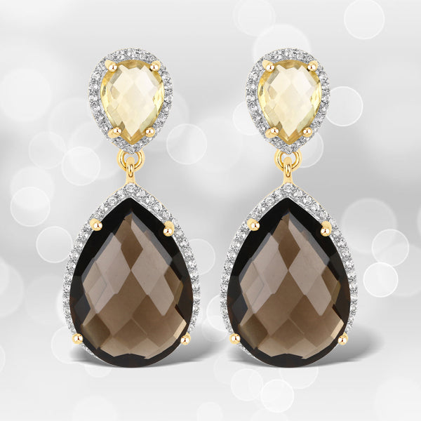21.12 Carat Genuine Smoky Quartz, Citrine and White Topaz .925 Sterling Silver Earrings