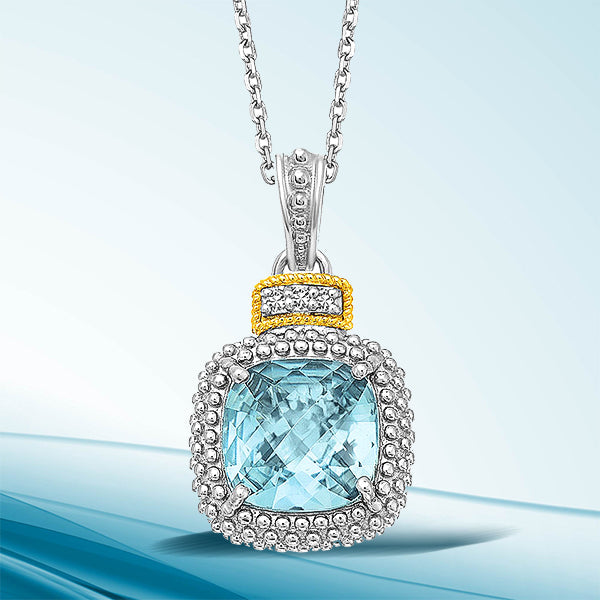 18k Yellow Gold &amp; Sterling Silver Popcorn Sky Blue Topaz and Diamond Pendant