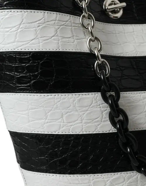 Balenciaga BLACK & WHITE STRIPED EXOTIC SKIN LEATHER MAXI BUCKET TOTE BAG