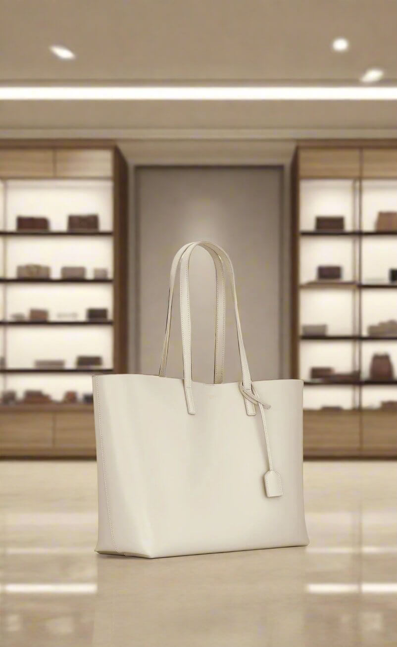 SAINT LAURENT White Calf Leather Tote Shoulder Bag