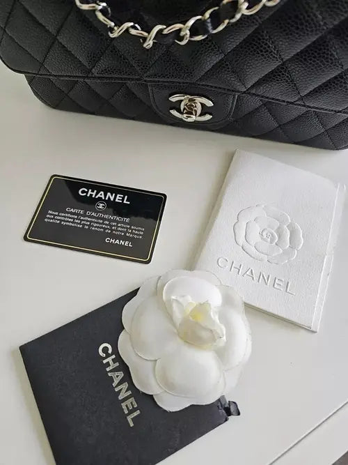 Preloved CHANEL classic quilted handbag front view Authentic CHANEL black leather flap bag CHANEL gold chain shoulder bag – preloved Vintage CHANEL logo clutch purse Secondhand CHANEL luxury tote with dust bag