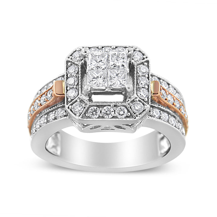 14K White and Rose Gold 1 1/8 Cttw Princess and Round-Cut Diamond Art Deco Style Triple Shank Halo Cocktail Ring (I-J Color, SI2-I1 Clarity) - Size 7