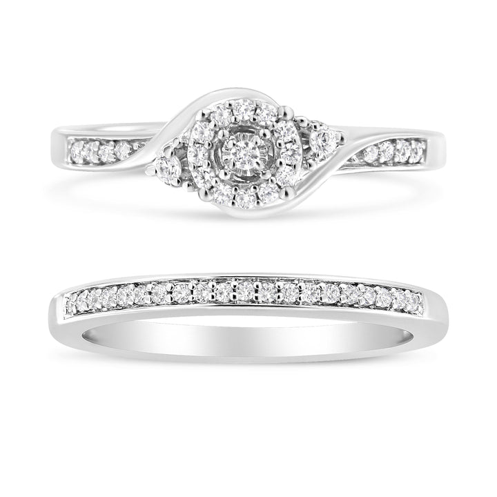 .925 Sterling Silver 1/4 Cttw Diamond Halo and Swirl Engagement Ring and Wedding Band Set (I-J Color, I3 Clarity)- Ring Size 7