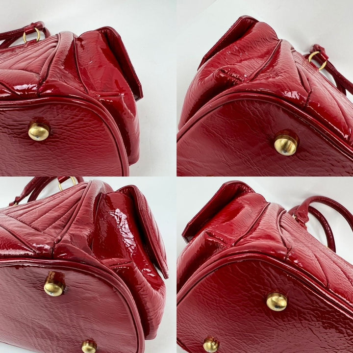 Isabella Fiore Red Patent Leather Hand bag, luxury bags, showing angles of well-maintained red patent leather design.
