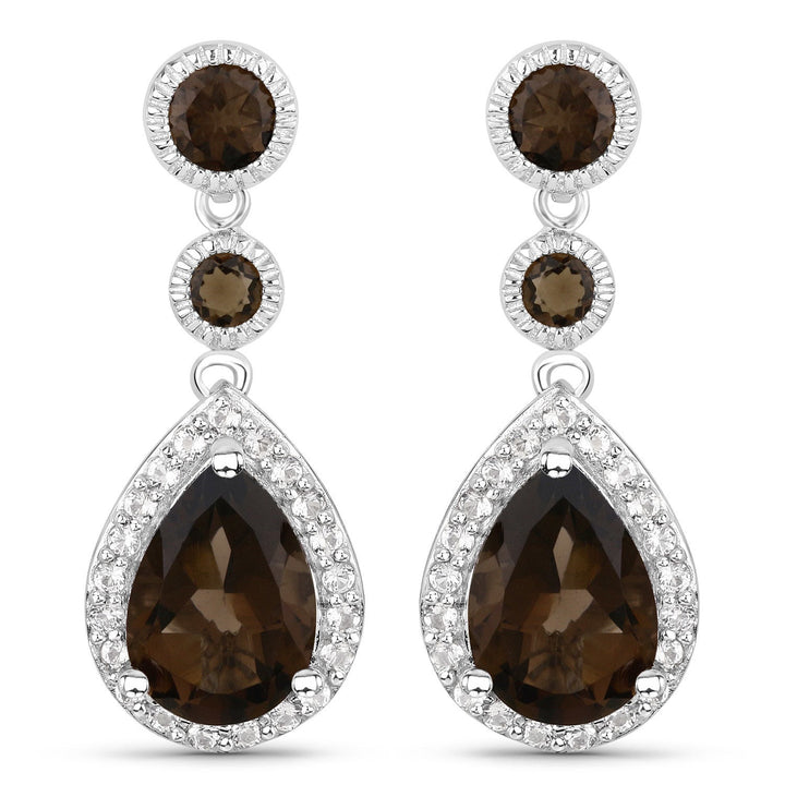 7.34 Carat Genuine Smoky Quartz and White Topaz .925 Sterling Silver Earrings
