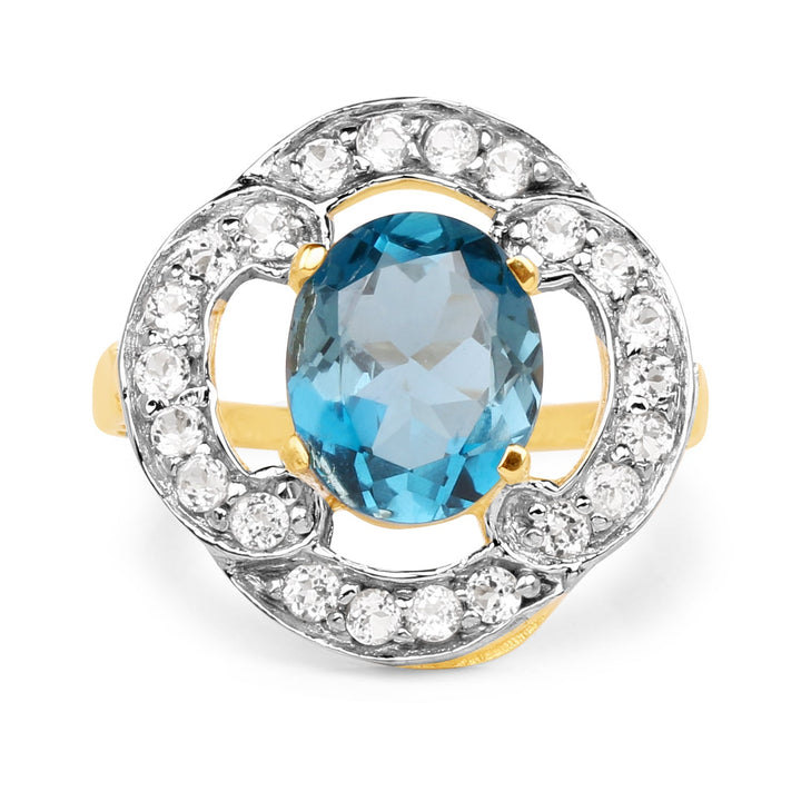 14K Yellow Gold Plated 5.13 Carat Genuine London Blue Topaz &amp; White Topaz .925 Sterling Silver Ring