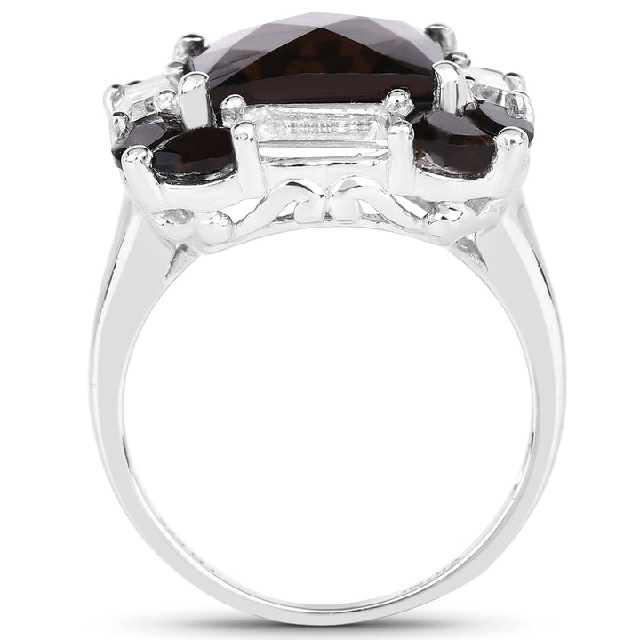 7.43 Carat Genuine Smoky Quartz & White Topaz .925 Sterling Silver Ring