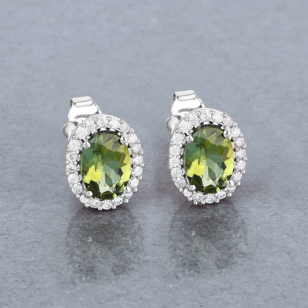 1.92 Carat Genuine Green Tourmaline and White Diamond 14K White Gold Earrings