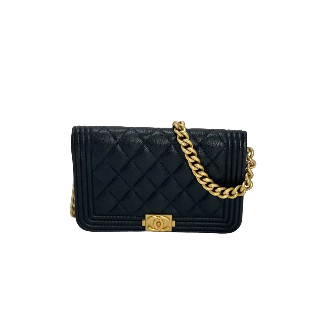 Chanel Caviar Quilted Mini Boy Clutch Wallet on a Chain Black with gold chain and quilted design