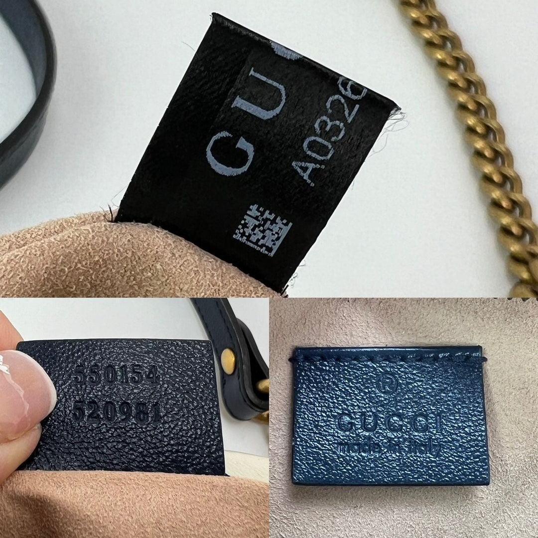 Collage of Gucci labels on leather goods with visible QR code.