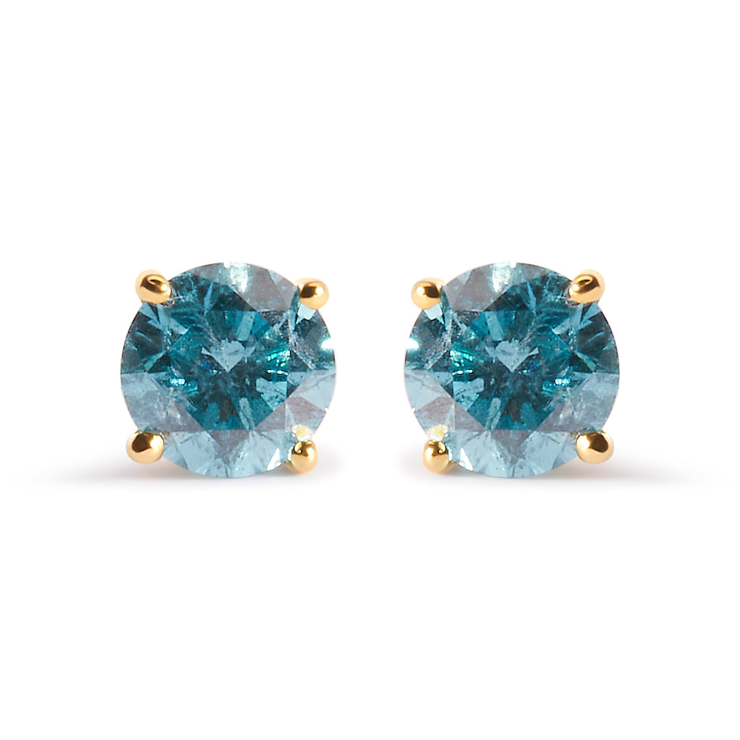 14K Yellow Gold 1.0 Cttw Treated Aqua Blue Diamond Classic Solitaire Stud Earrings (Aqua Blue Color, I2-I3 Clarity)