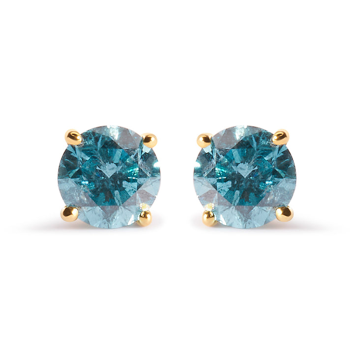 14K Yellow Gold 1.0 Cttw Treated Aqua Blue Diamond Classic Solitaire Stud Earrings (Aqua Blue Color, I2-I3 Clarity)