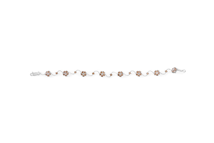10K White Gold 4.0 Cttw Champagne and White Diamond Floral Cluster and Station Link Bracelet (H-I Color, SI2-I1 Clarity) - 7" Inches