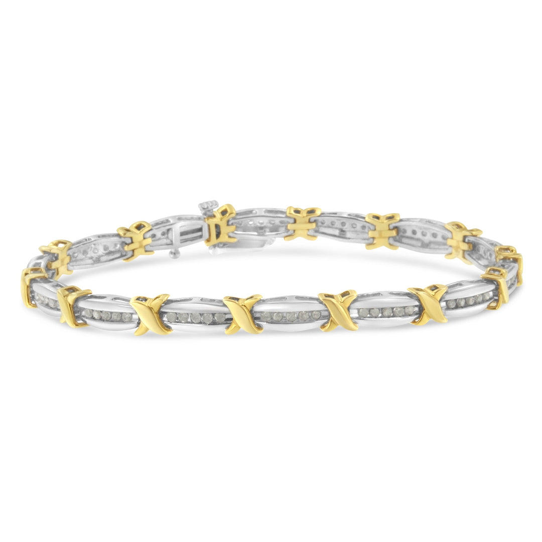 Two-Tone 10K Yellow Gold over .925 Sterling Silver 1.0 Cttw Diamond Channel Set Tapered &amp; X-Link 7" Tennis Bracelet (H-I Color, I2-I3 Clarity)