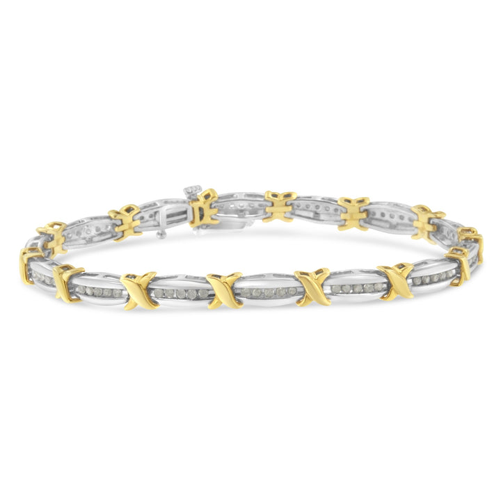 Two-Tone 10K Yellow Gold over .925 Sterling Silver 1.0 Cttw Diamond Channel Set Tapered &amp; X-Link 7" Tennis Bracelet (H-I Color, I2-I3 Clarity)