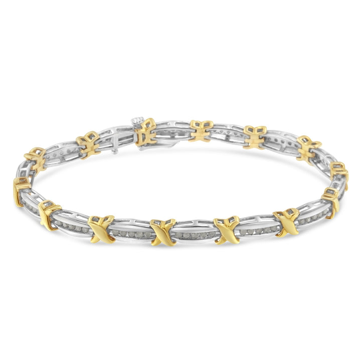 Two-Tone 10K Yellow Gold over .925 Sterling Silver 1.0 Cttw Diamond Channel Set Tapered &amp; X-Link 7" Tennis Bracelet (H-I Color, I2-I3 Clarity)