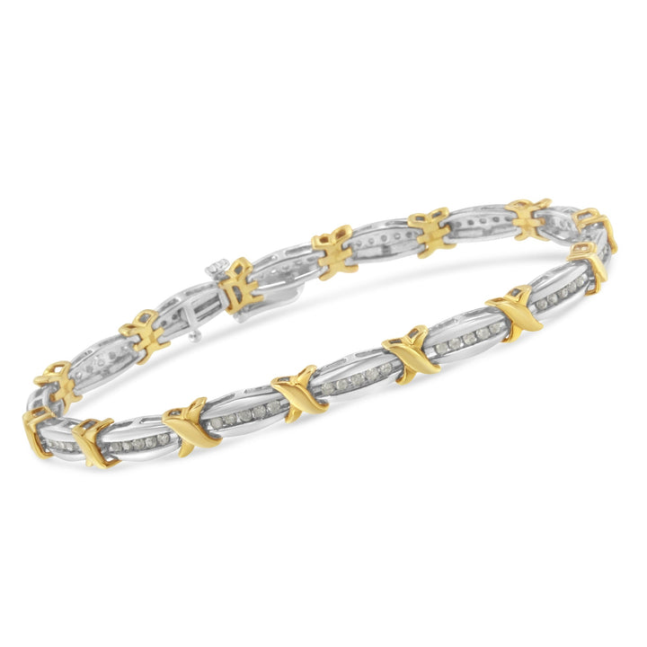 Two-Tone 10K Yellow Gold over .925 Sterling Silver 1.0 Cttw Diamond Channel Set Tapered &amp; X-Link 7" Tennis Bracelet (H-I Color, I2-I3 Clarity)
