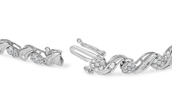 10K White Gold 2.00 Cttw Round-Cut and Baguette-Cut Diamond Floral Design Swirl Link 7" Bracelet (I-J Color, I1-I2 Clarity)