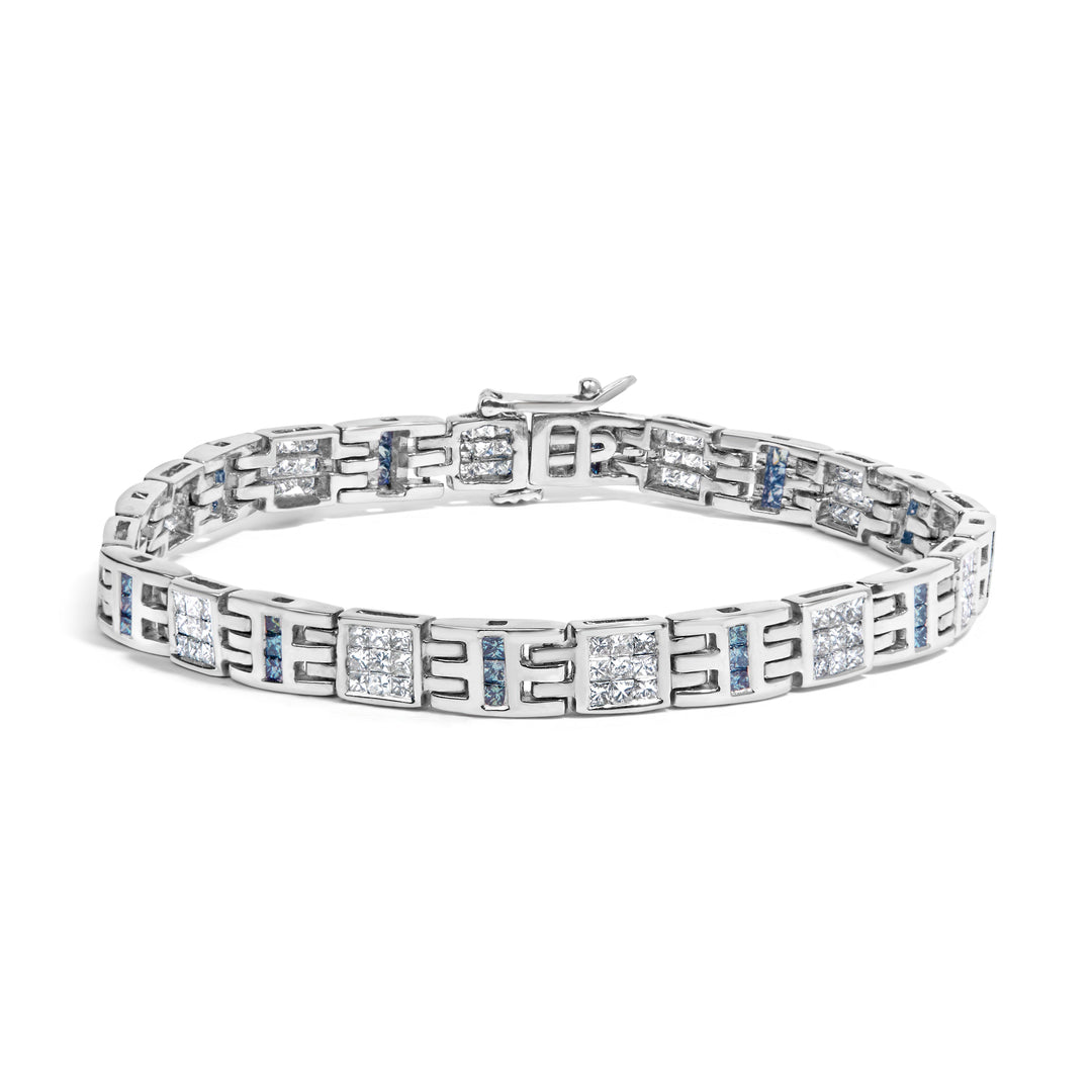 14K White Gold Princess-Cut white and Blue Diamond 3.00 cttw Fashion Link Bracelet (H-I Color, SI1-SI2 Clarity)